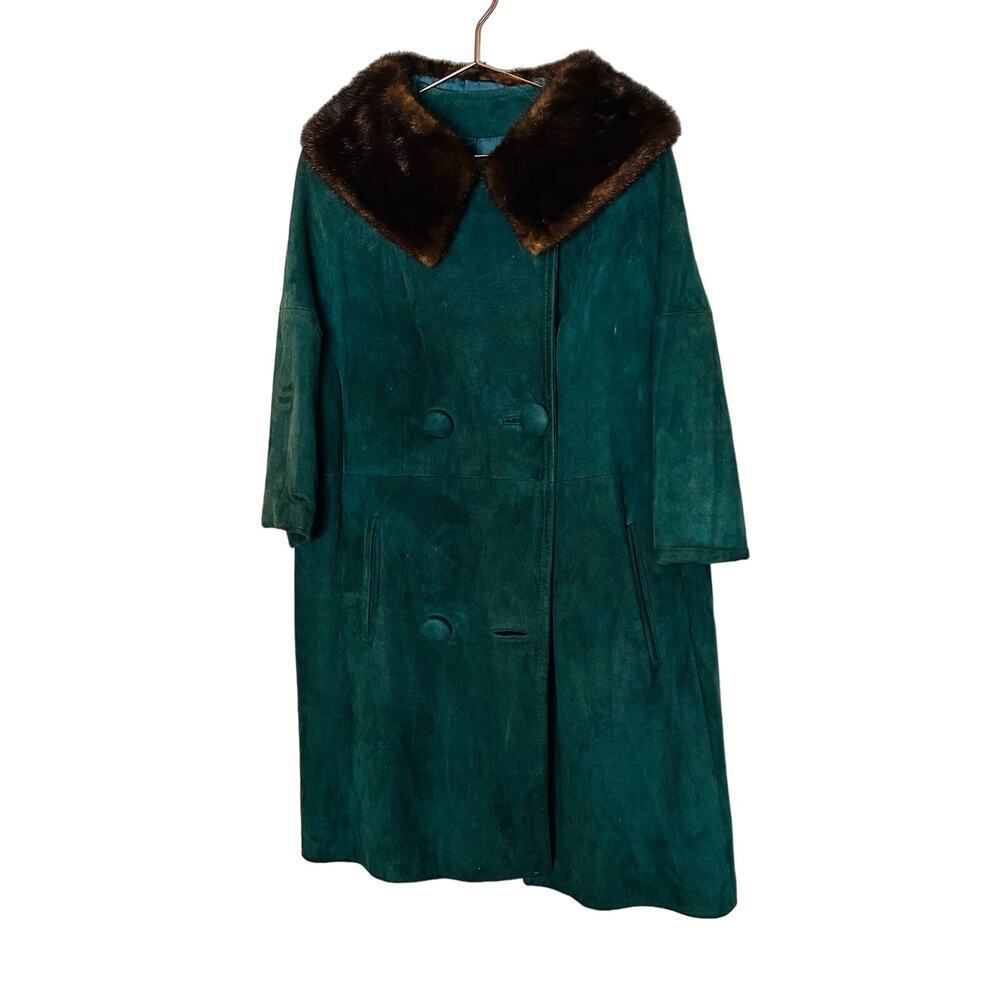 Vintage Andy Anderson Suede Green Rabbit Fur Collar Button Trench Coat Size M